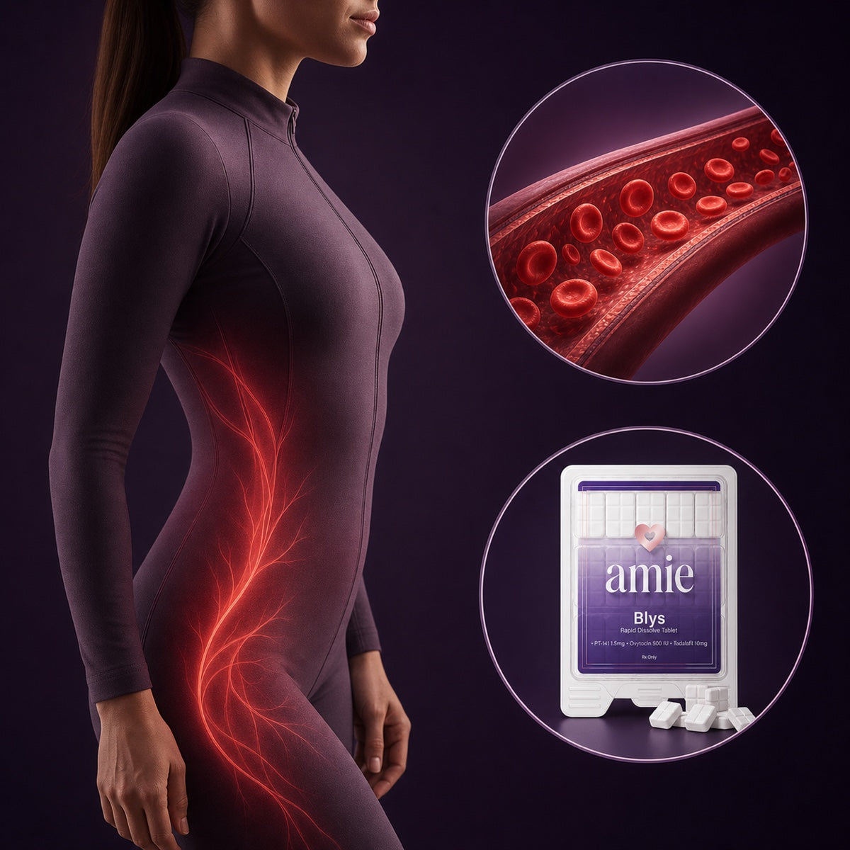 Woman in plum with circulation visualization and Amie Blys™ packaging