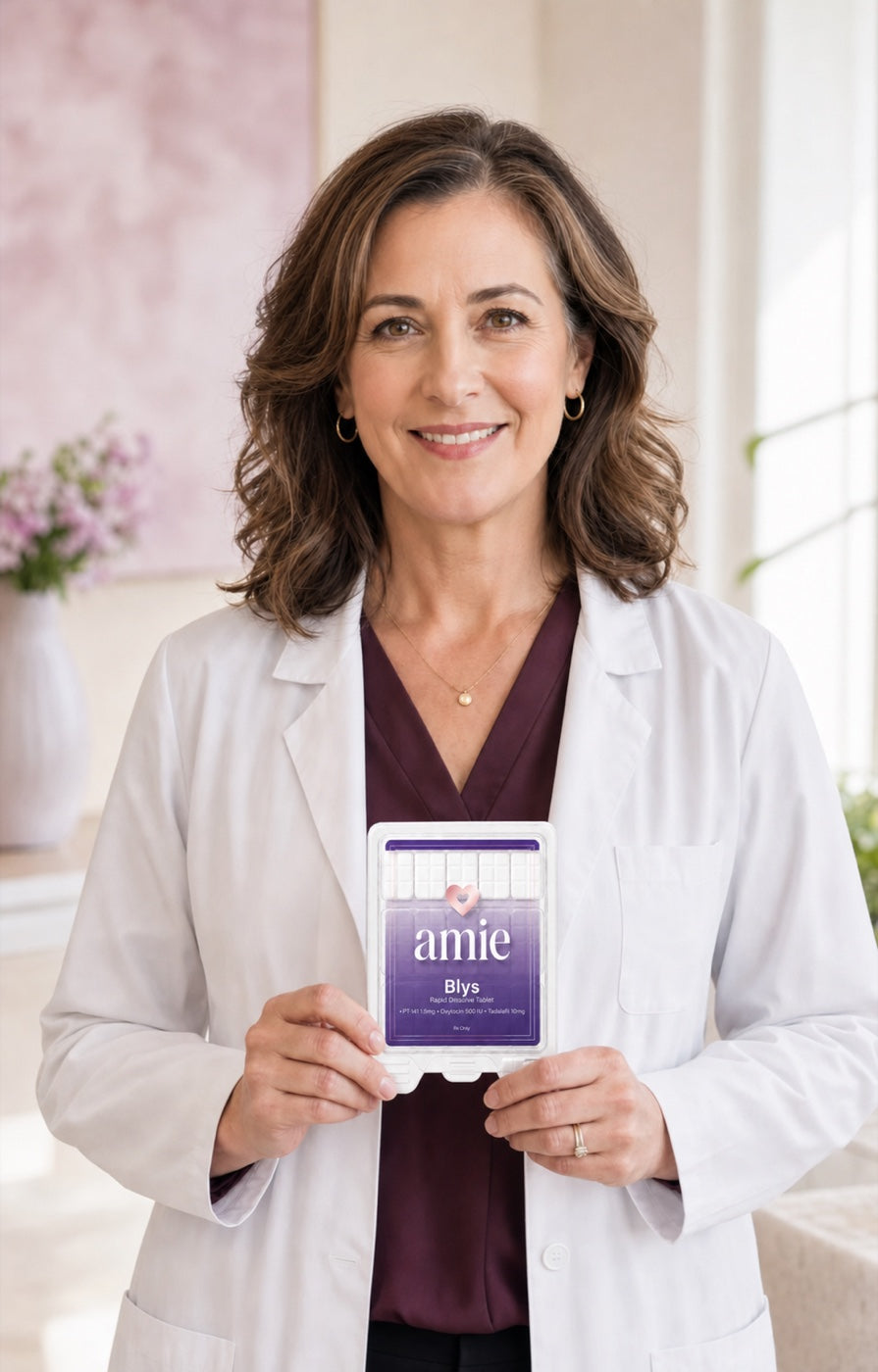 Dr. Sarah Bennette holding Amie Blys™ rapid dissolve tablets