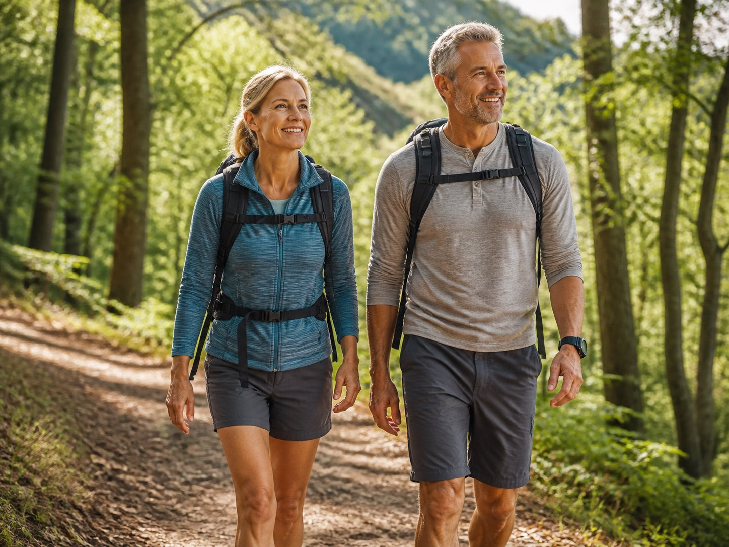 Midlife couple hiking together on a woodland trail
