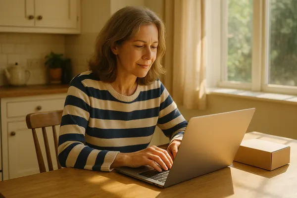 A woman completing an online intake at her kitchen table