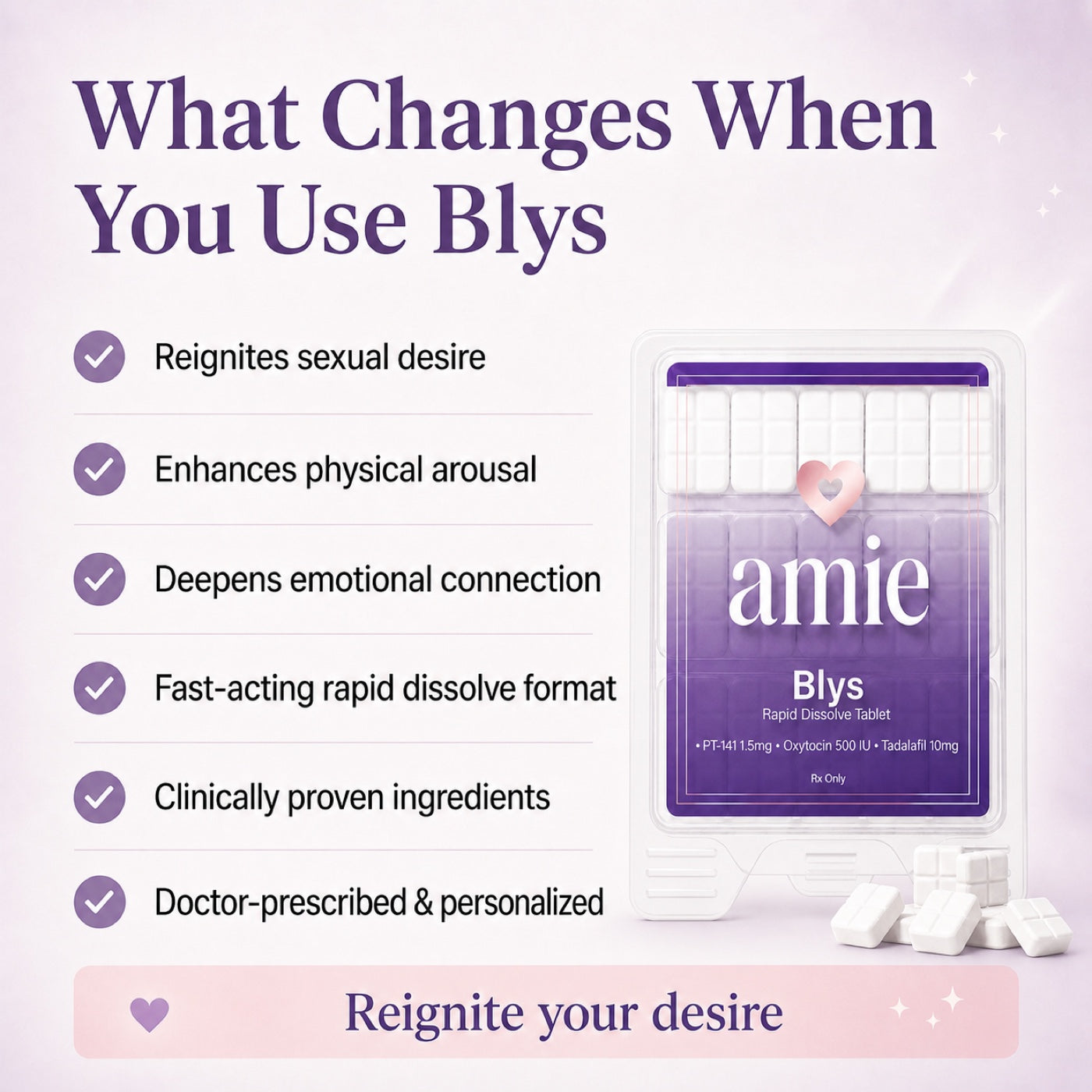 Blys™ benefits overview with rapid dissolve tablet package