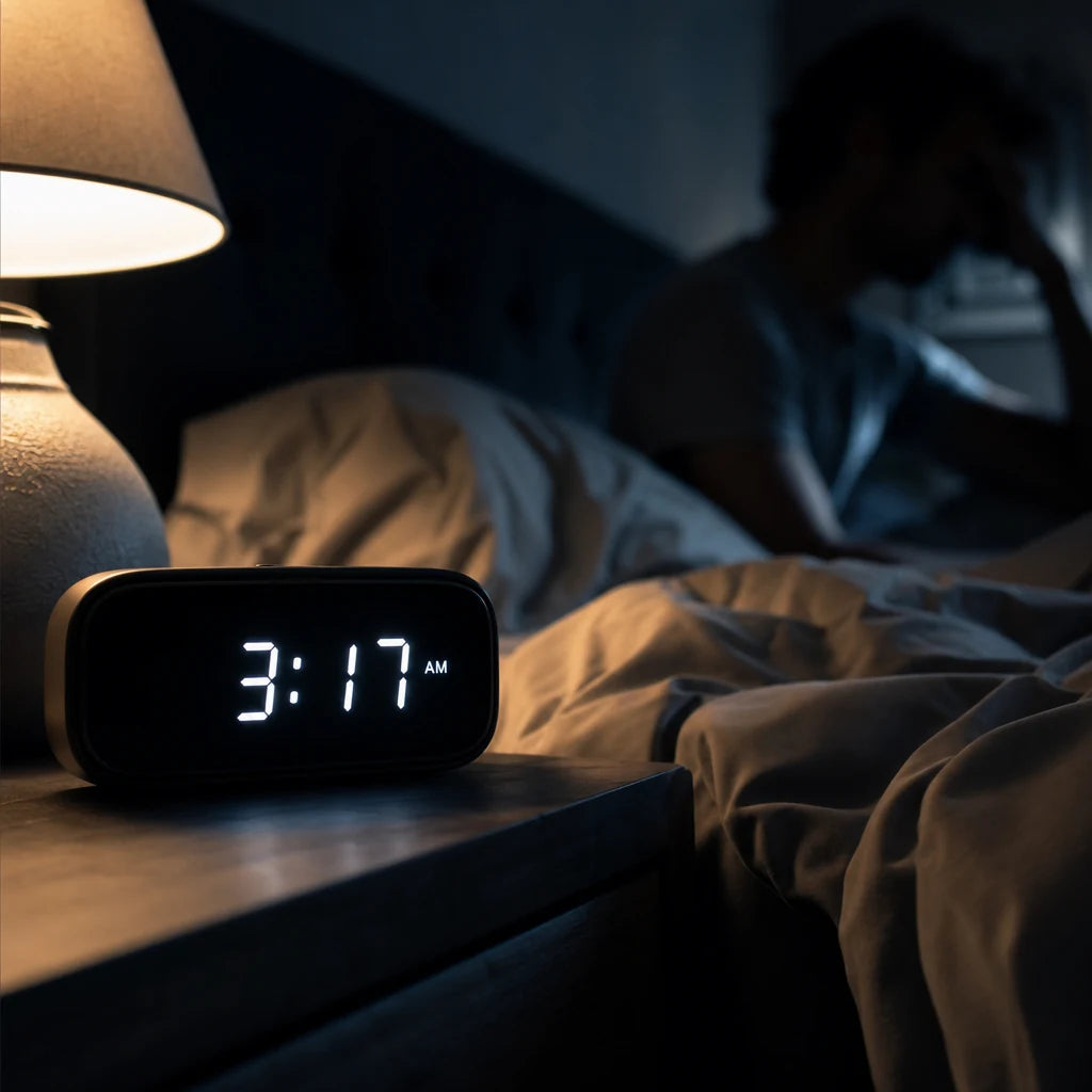 Digital clock glowing at 3:07 a.m. beside a woman awake in bed