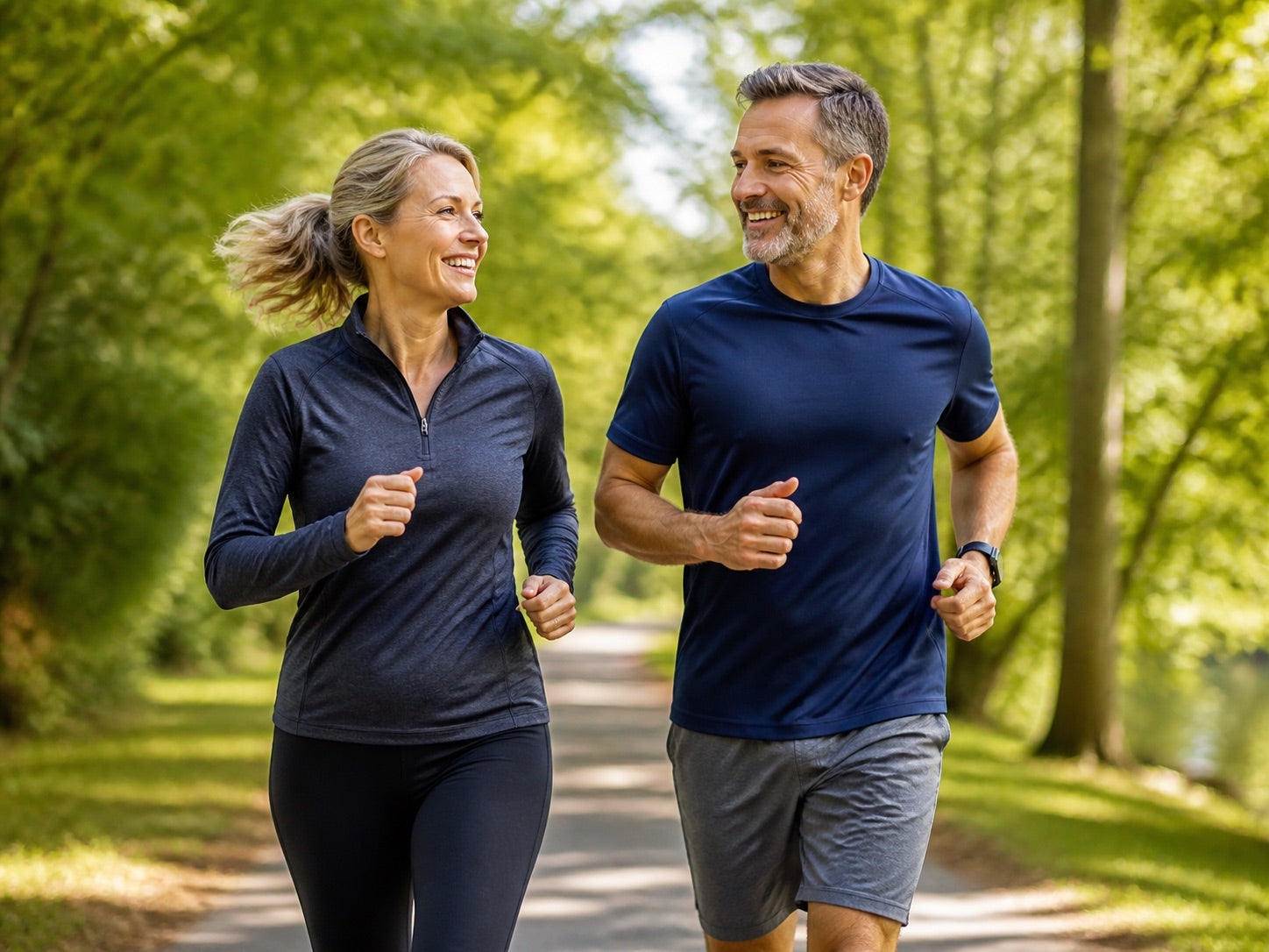 Midlife couple jogging together on a park path