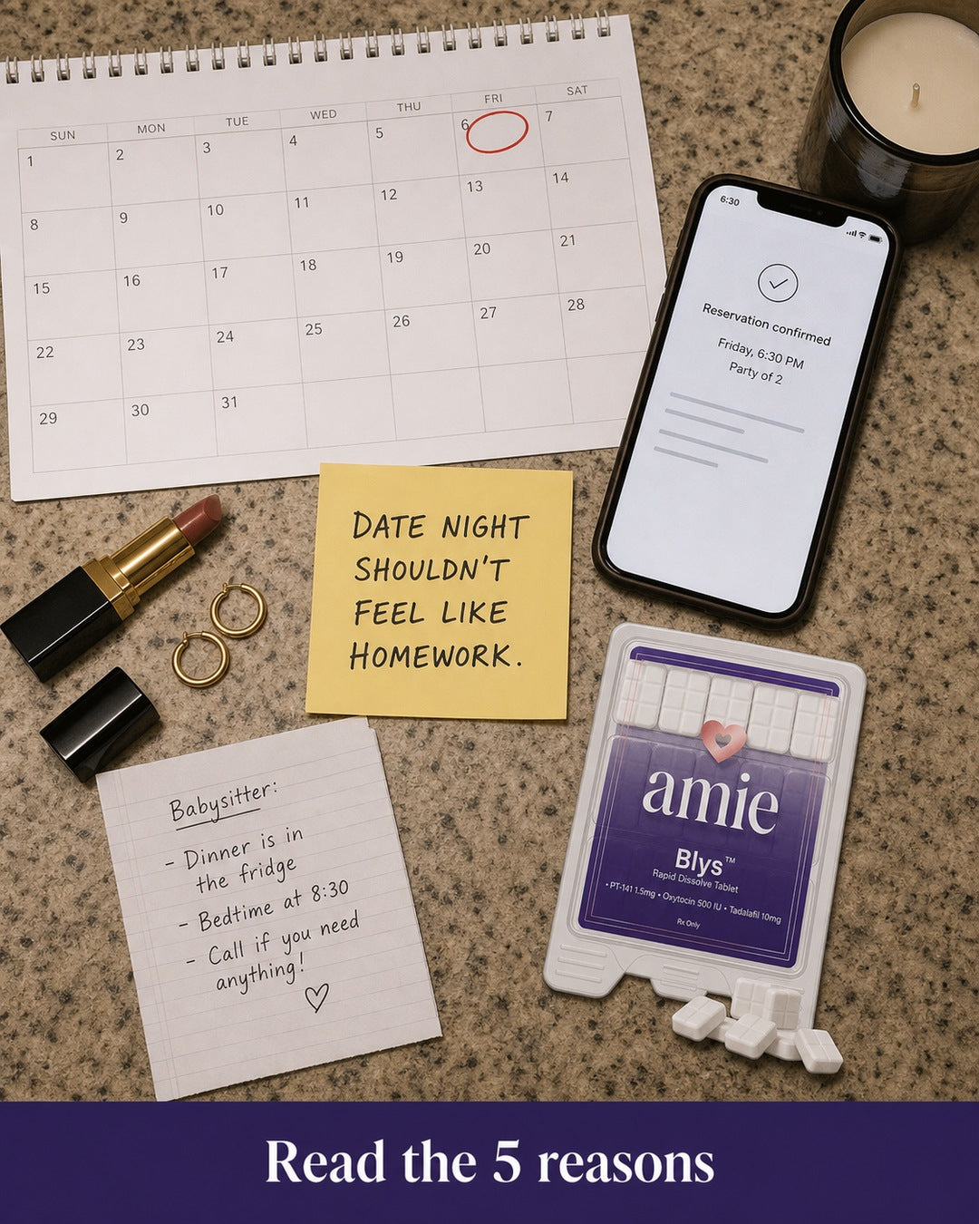 Date night calendar and reservation beside Blys by Amie